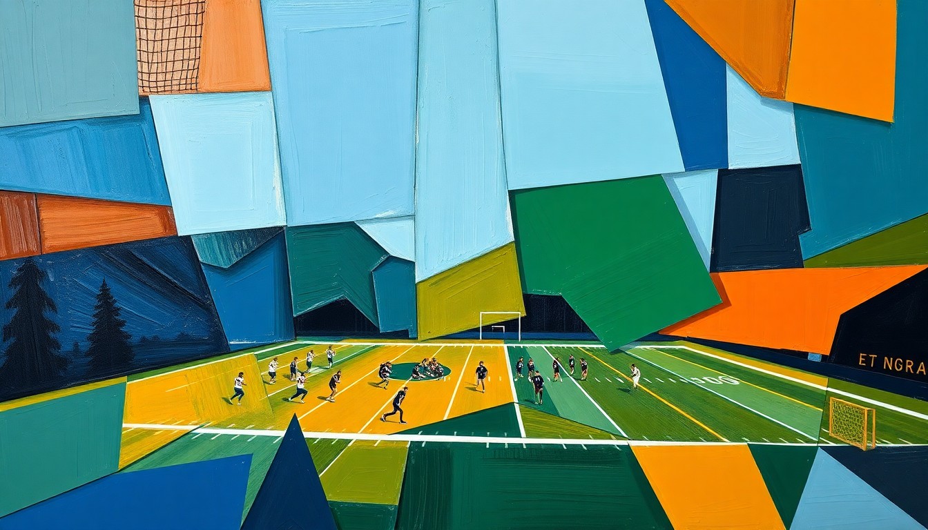 A fragmented, geometric painting depicting a high school football game, with sharp planes of navy, green, and orange creating a dynamic, abstract composition.