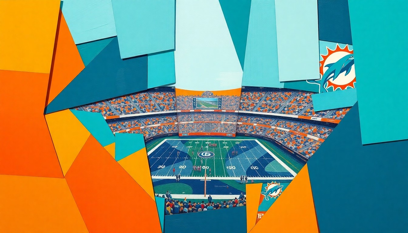 A cubist, geometric painting in shades of aqua, orange, and navy blue, depicting fragmented and overlapping shapes representing a football game or match, conveying the conceptual idea of flexibility and strategic planning for an upcoming draft.