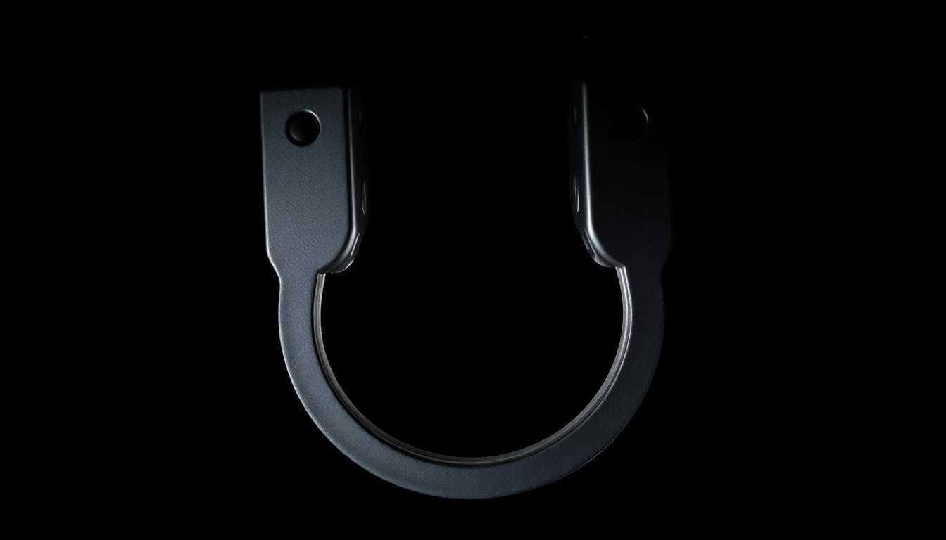 An extreme close-up photograph of a pair of handcuffs against a pitch-black background, lit by a harsh, direct camera flash, conceptually representing the failure of restraints to contain an escaped inmate.