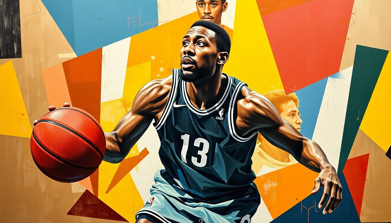 A cubist, geometric painting depicting a basketball player in motion, with their form broken down into overlapping planes of color and shape, conveying the skill and athleticism of Tre Johnson's rookie campaign.