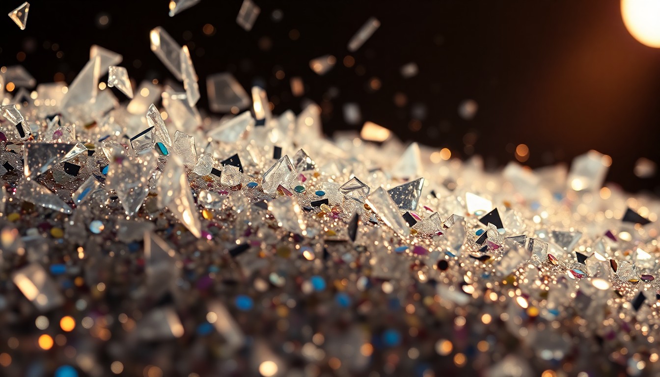 An abstract close-up image of shattered glass and glittering sequins, captured in dramatic high-contrast studio lighting to convey the glamour and uncertainty surrounding the future of late-night television.