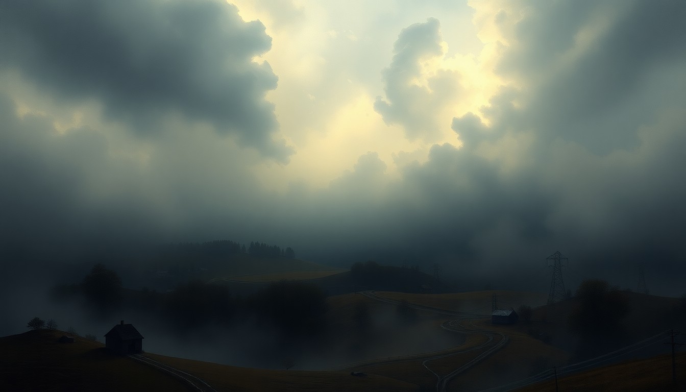 A sweeping, atmospheric landscape painting in muted tones of grey, blue, and green, with a dramatic storm system dominating the scene and obscuring any visible man-made structures or power lines.