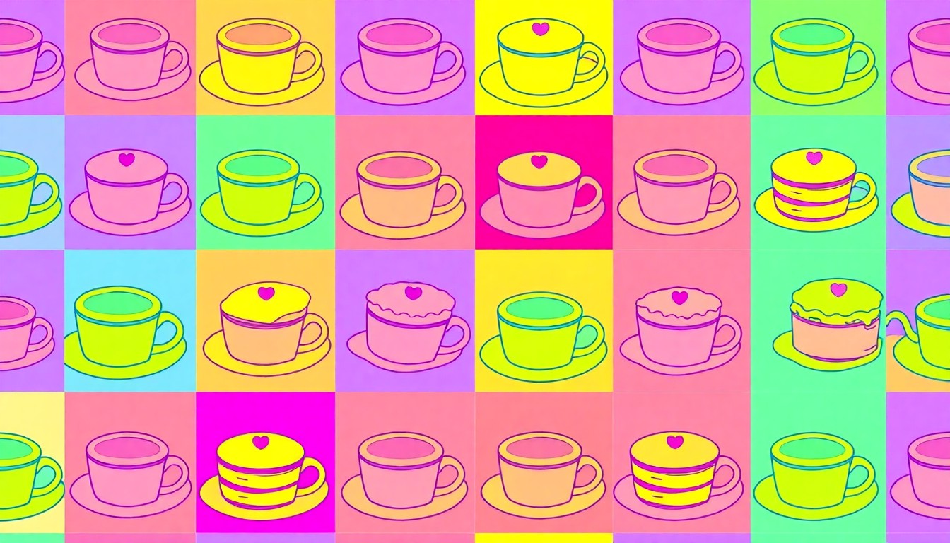 A vibrant, high-contrast silkscreen print of a single, iconic breakfast or lunch item repeated in a tight grid pattern, using flat, neon color palettes and heavy black outlines to transform the everyday into modern pop art.