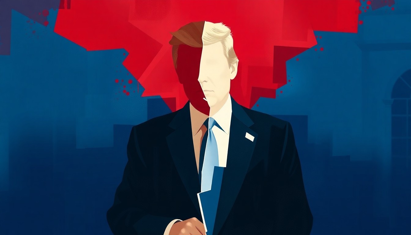 A fractured, abstract painting in red, white, and blue hues, depicting the silhouette of a person in a suit, representing the divided loyalties and conflicting priorities of a government official.