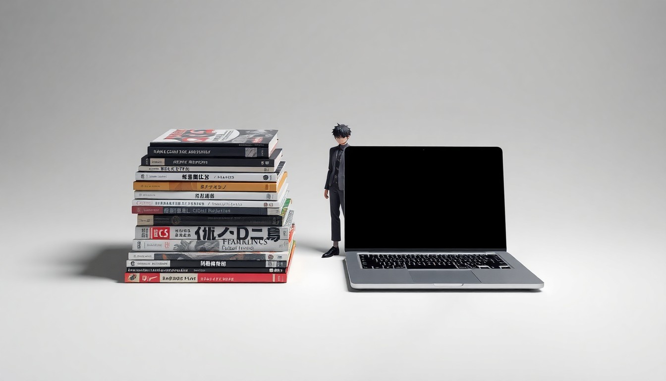 A high-end, photorealistic studio still-life photograph featuring a stack of classic Japanese manga volumes, a stylized anime figurine, and a sleek, modern laptop computer, arranged elegantly on a clean, monochromatic background to represent the abstract concepts of global media franchises and cross-platform storytelling.