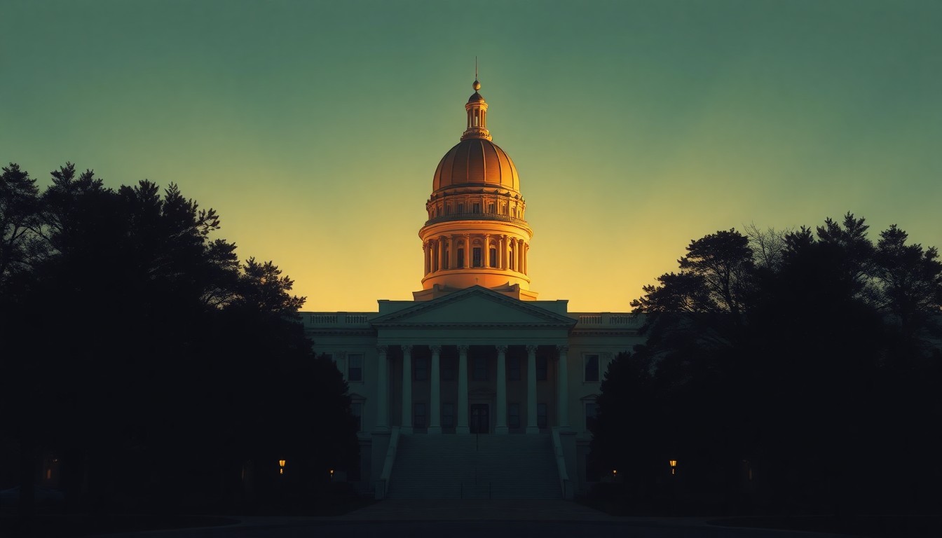 A serene, photorealistic painting of a state capitol building in North Carolina, with the structure bathed in warm, golden sunlight and surrounded by deep shadows, evoking a sense of political power and influence.