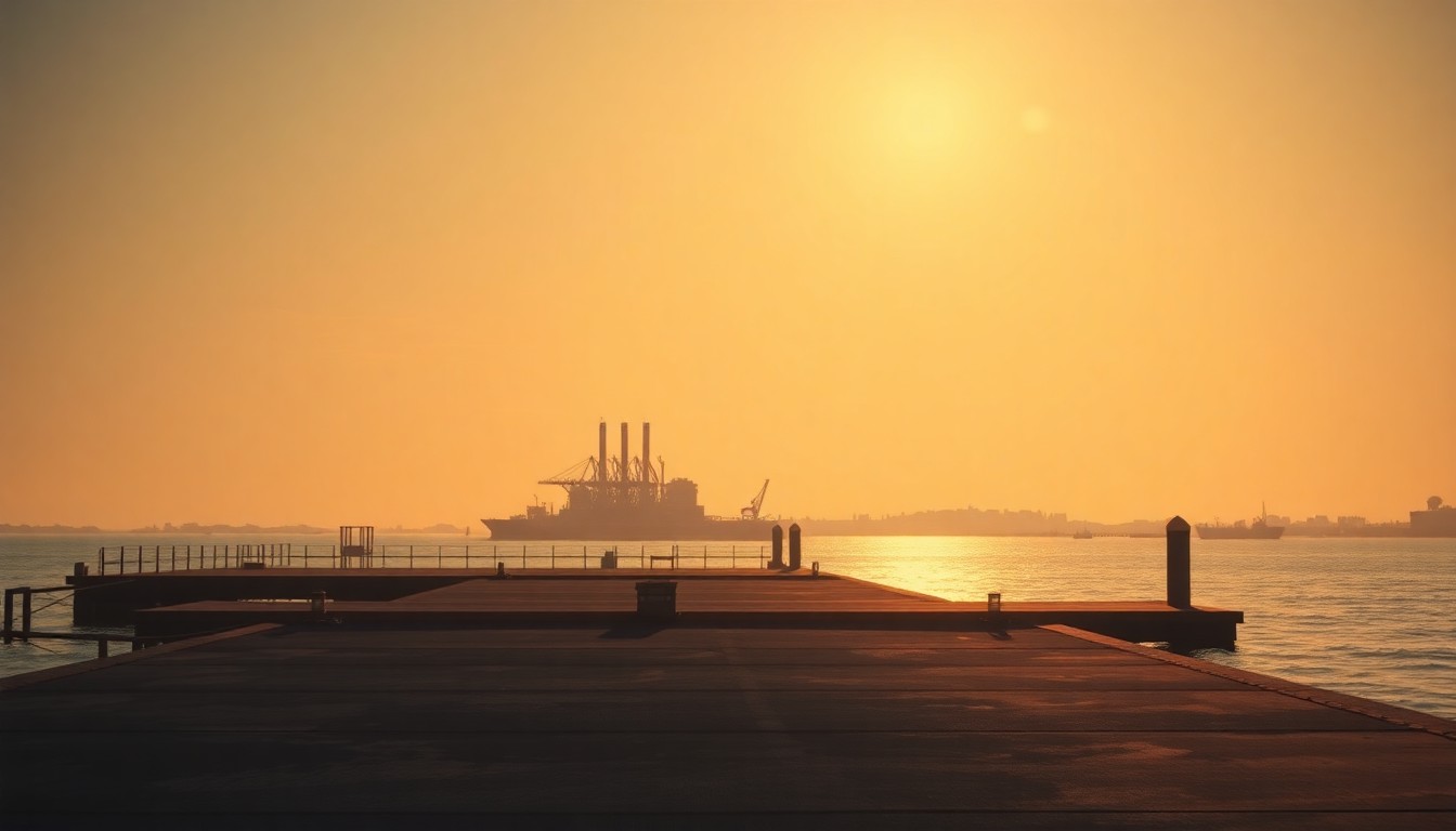 A serene, photorealistic painting of an empty industrial dock along the Corpus Christi Inner Harbor, with a lone desalination plant structure in the distance bathed in warm, golden sunlight and deep shadows, conveying a sense of quiet contemplation and uncertainty about the future of the project.