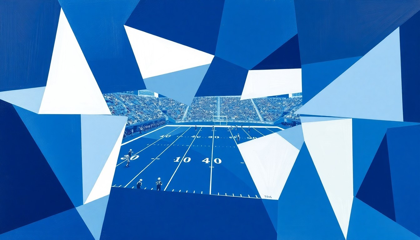 A cubist, geometric painting depicting a college football practice or game, with sharp, overlapping planes of navy blue, light blue, and white, conveying the fragmented, multi-perspective nature of the recruiting process.