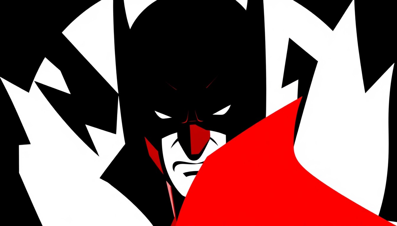 An abstract, minimalist illustration in the style of Saul Bass, featuring bold geometric shapes and silhouettes in high-contrast red and white, conceptually representing the Marvel villain Magneto.