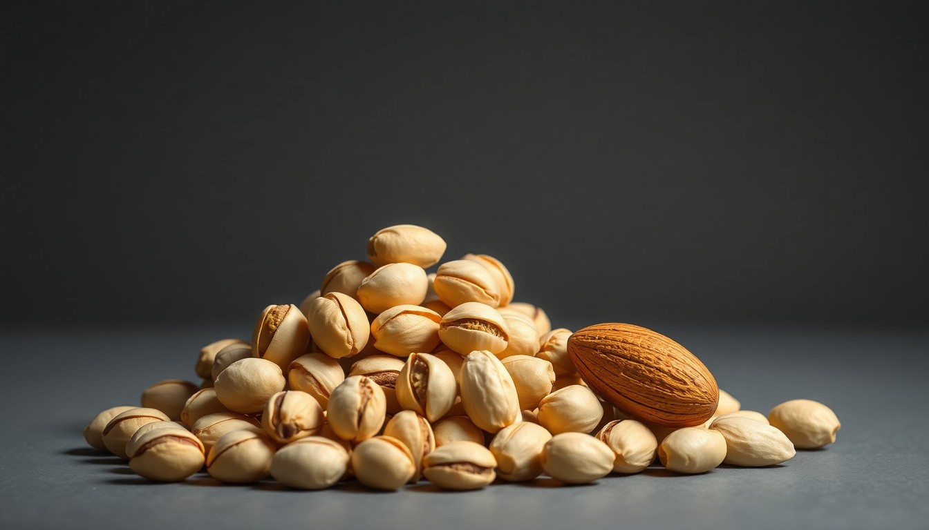 A close-up studio photograph of a pile of fresh, shiny California pistachios and a single almond nut against a plain grey background, conveying the contrasting fortunes of these two Central Valley crops due to the war in Iran.