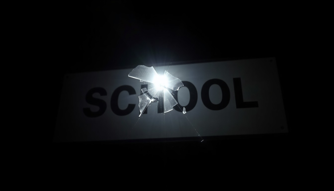 An extreme close-up photograph of a damaged school sign, lit by a harsh, direct camera flash against a pitch-black background, conveying a stark, gritty, investigative mood without words.