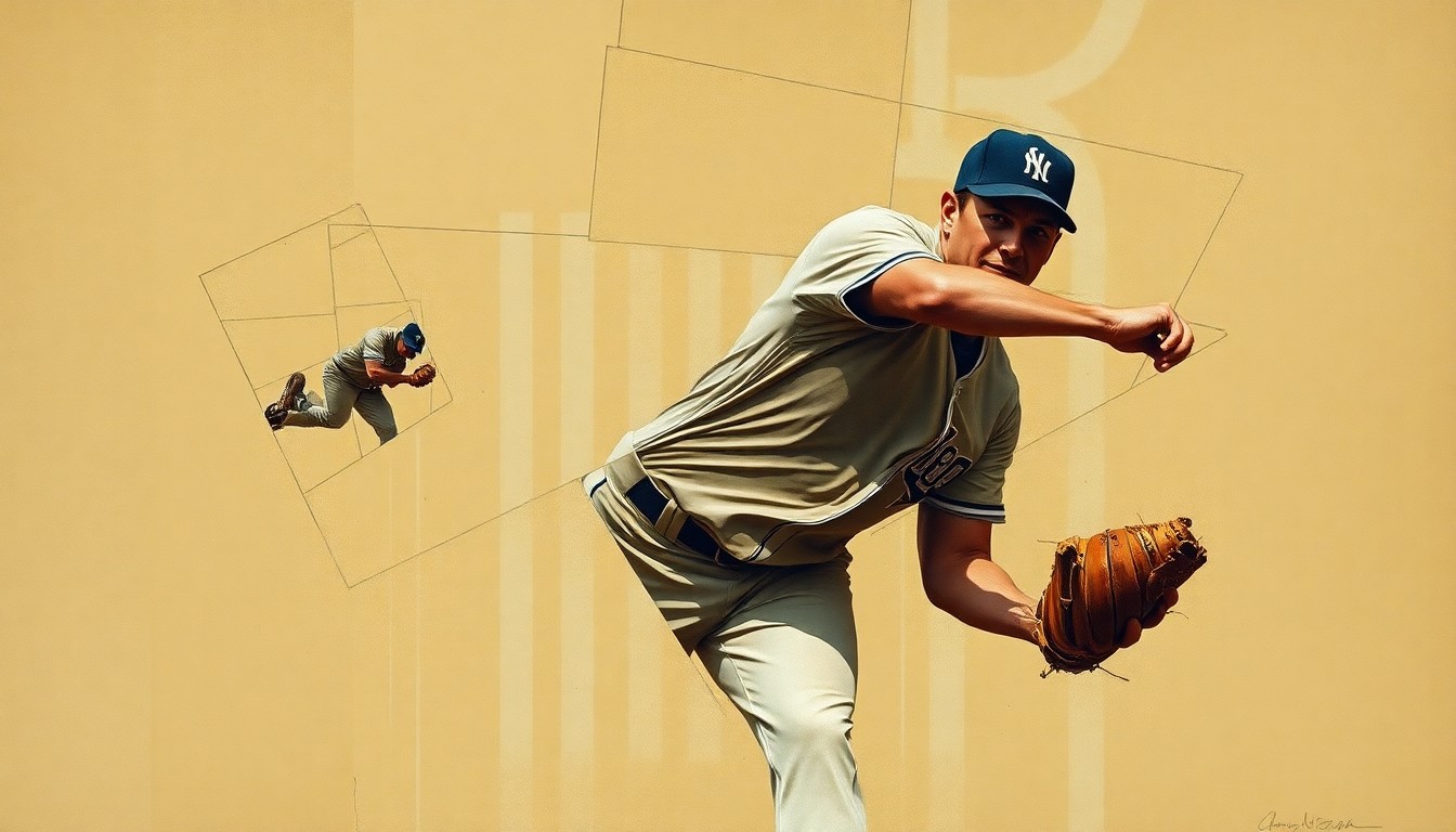 A fractured, geometric painting depicting a baseball pitcher's throwing motion broken down into overlapping planes of muted earth tones, conceptually illustrating the complexities of arm injuries in the sport.
