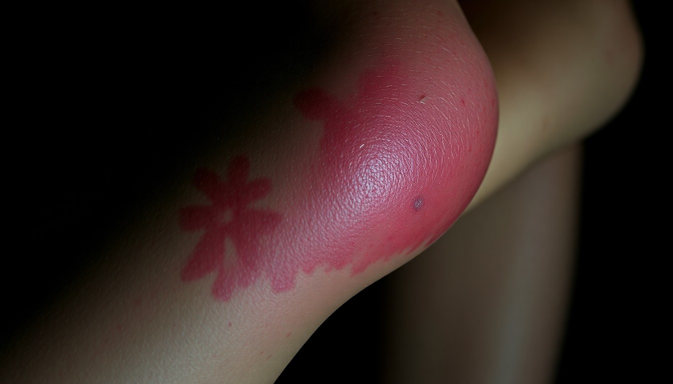 An extreme close-up photograph of a severely swollen and reddened leg, the skin textured with angry welts and bruising, conveying the painful aftermath of a venomous spider bite suffered by a touring musician.