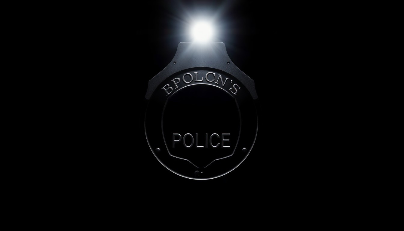 An extreme close-up photograph of a police badge or handcuffs against a pitch-black background, lit by a harsh, direct camera flash, conceptually representing the tense encounter between officers and the alleged attackers.