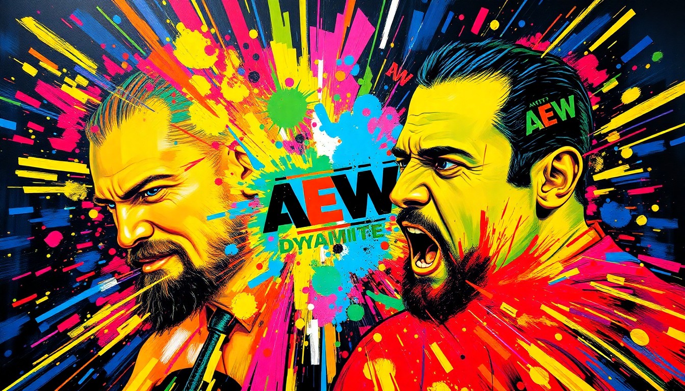 An abstract expressionist painting in vibrant neon colors, with rapid brushstrokes and blurred figures representing the intense physicality and dramatic moments of the AEW Dynamite title matches, conveying the raw energy and excitement of the event.