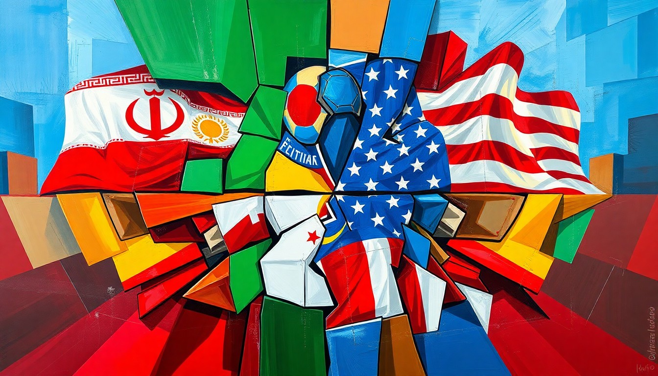 A fractured, multi-perspective painting in a cubist style, breaking down a soccer match between Iran and the United States into sharp, overlapping geometric planes of vibrant colors representing the national teams and the geopolitical conflict.