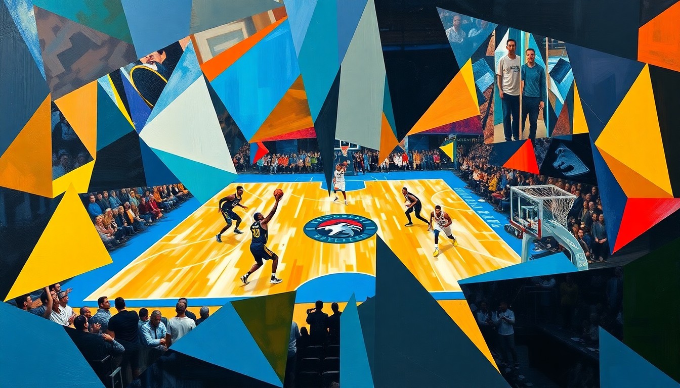 A fractured, multi-perspective painting in the style of Pablo Picasso, breaking down a basketball game between the Denver Nuggets and Minnesota Timberwolves into sharp, overlapping geometric planes. Vibrant colors and dynamic shapes represent the players' movements and the game's intensity.