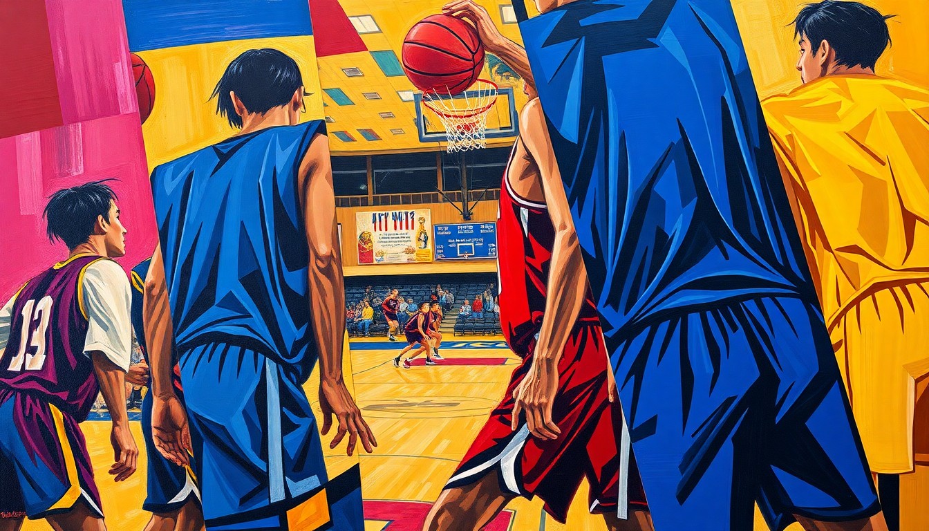 A fractured, cubist-style painting depicting a high school basketball game, with the players and court broken down into sharp, overlapping geometric shapes in vibrant colors representing the official team uniforms of the Alabama High School Athletic Association.