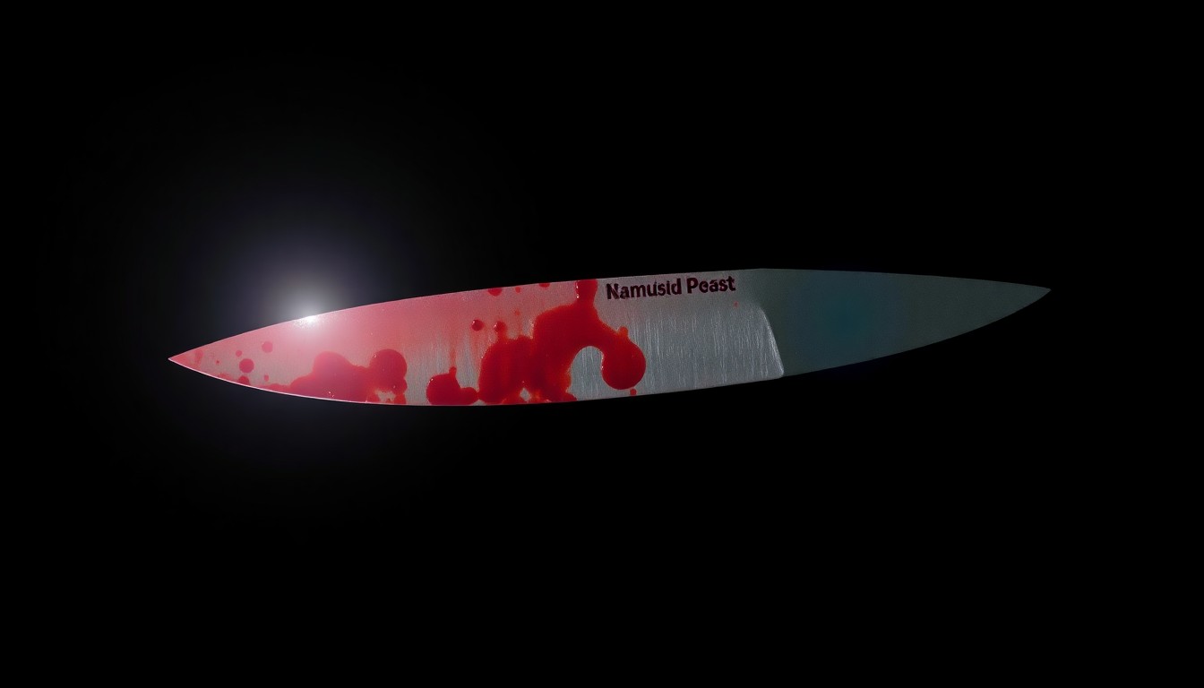 An extreme close-up of a single bloody knife blade reflecting a harsh camera flash, conveying the gritty, investigative nature of this crime scene without depicting actual violence.