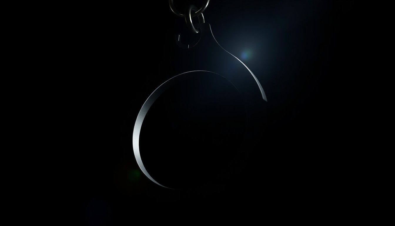 An extreme close-up photograph of a metal handcuff key, the harsh lighting and dark background creating a stark, gritty aesthetic that conceptually represents the serious nature of sexual abuse crimes.