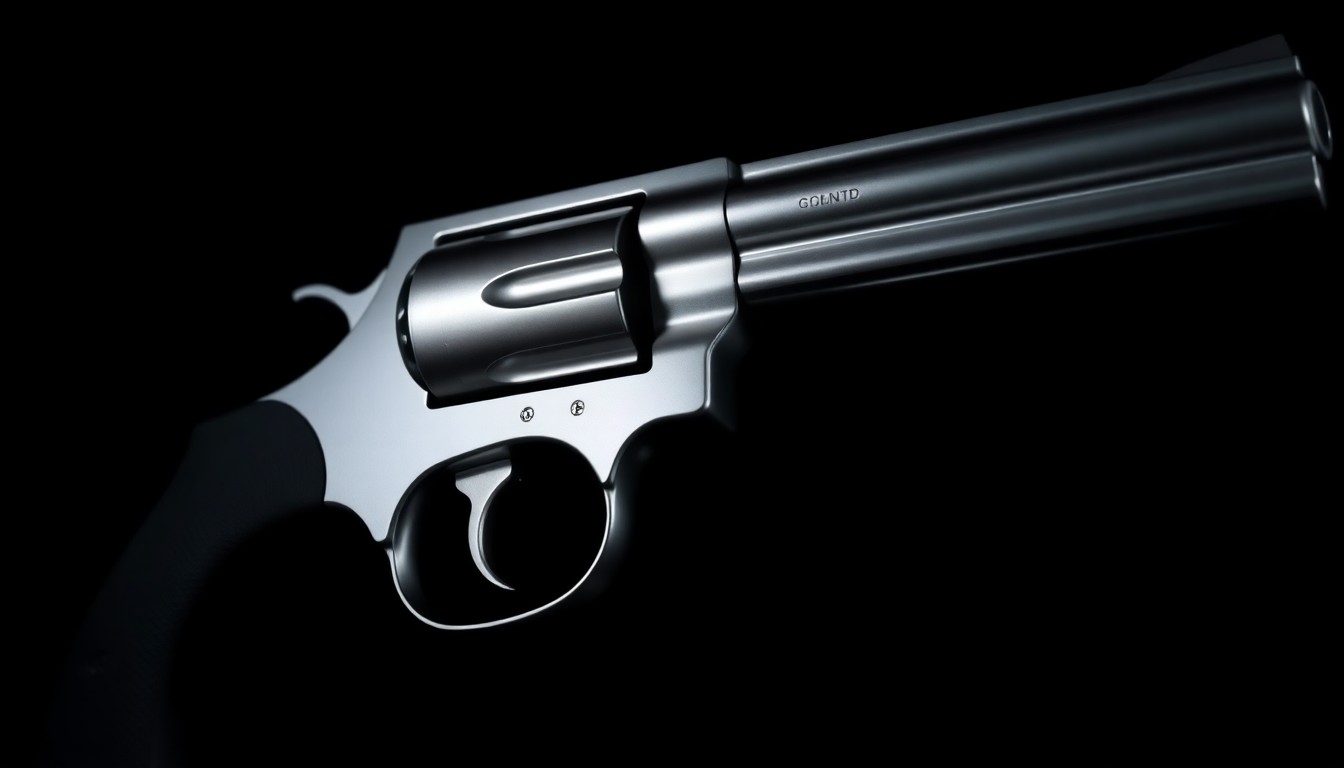 An extreme close-up photograph of a silver revolver against a pitch-black background, lit by a harsh, direct camera flash, conceptually representing the weapon allegedly used in a recent high-profile shooting.
