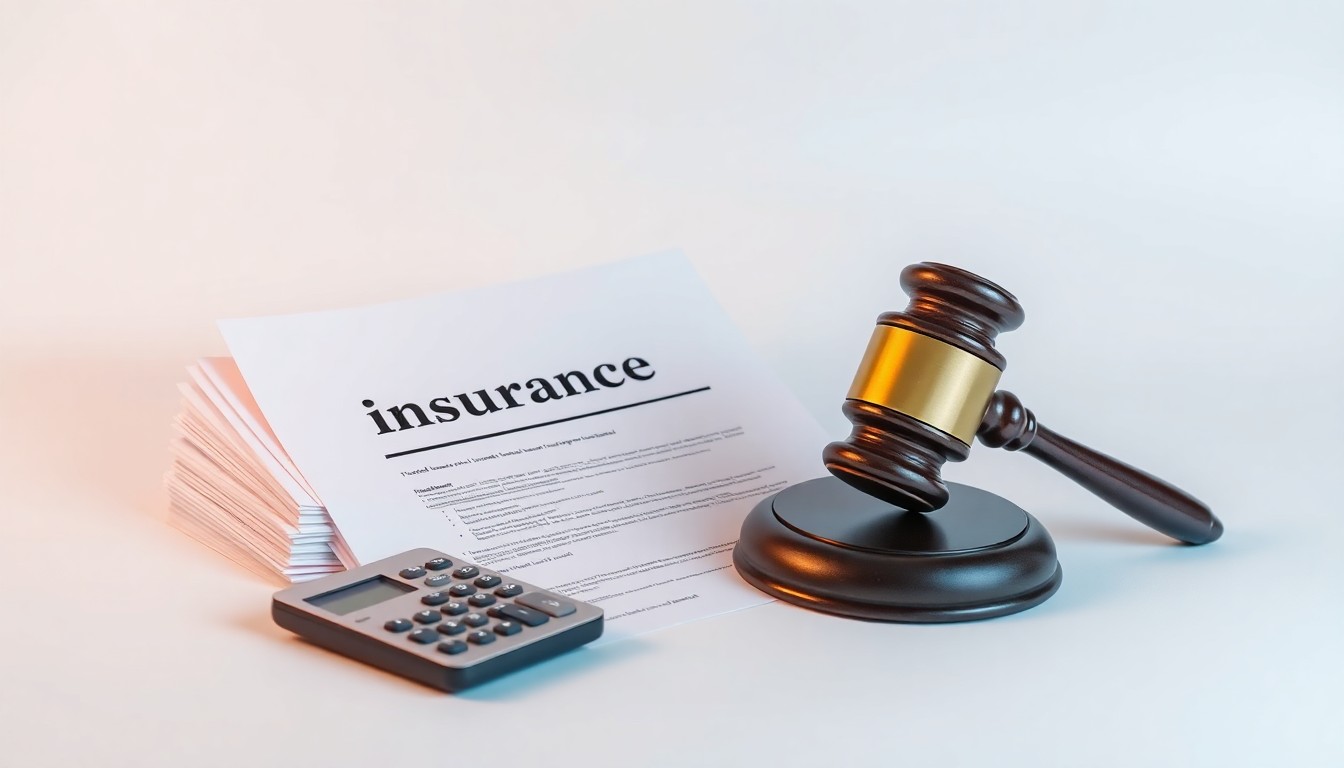 A minimalist studio still life photograph featuring a stack of medical insurance documents, a calculator, and a gavel resting on a clean, monochromatic background, conceptually representing the abstract corporate strategy, finance, and legal risks facing Elevance Health.