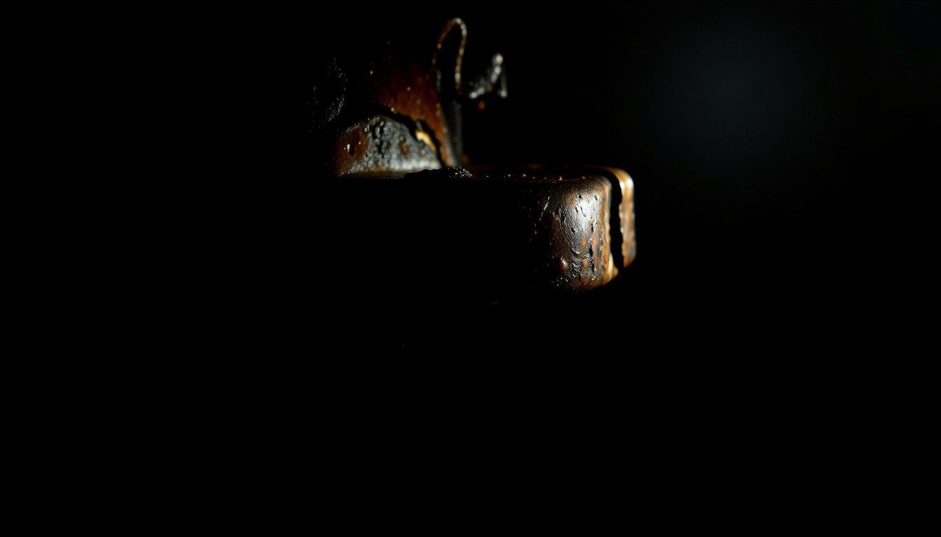 An extreme close-up of a charred and twisted metal object, such as a door handle or window frame, captured in stark, dramatic lighting to convey the gritty aftermath of a violent crime.