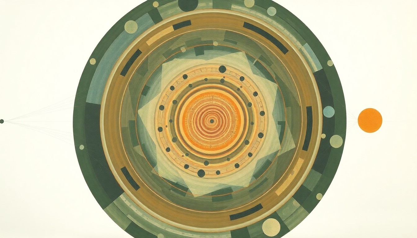 A bold, abstract painting in soft earth tones depicts interlocking geometric shapes and flowing organic forms, representing the interconnected disciplines of science, technology, engineering, art, and math that come together at the Imaginology festival to inspire young learners.