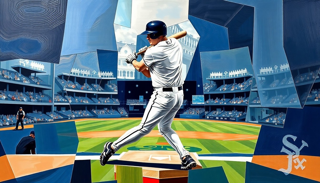 A fractured, cubist-style painting depicting a baseball player batting and a baseball diamond, with sharp geometric shapes and planes in navy blue, silver, and white representing the Chicago White Sox team colors.
