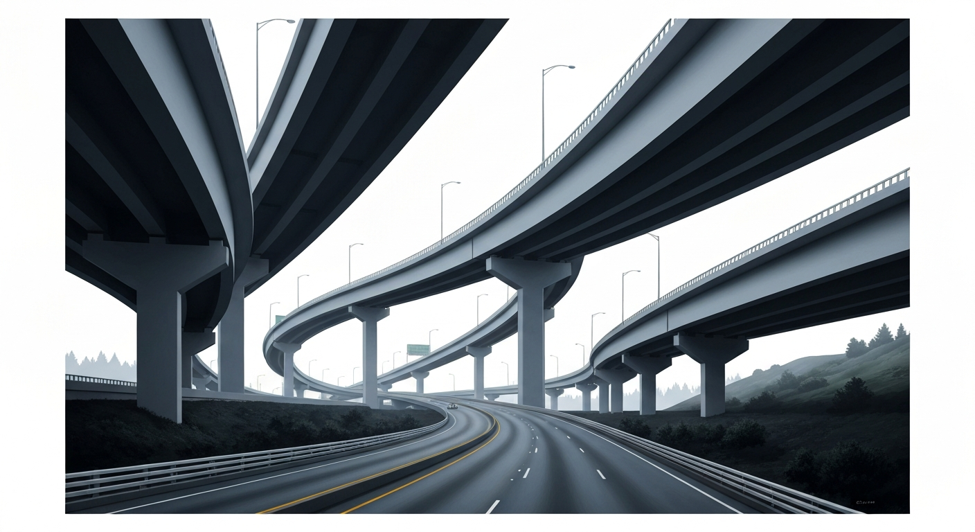 A bold, geometric illustration depicting the towering scale of a highway interchange, with sweeping lines and shapes in shades of gray, blue, and steel conveying a sense of disruption and the grand impact of the I-405 closure.
