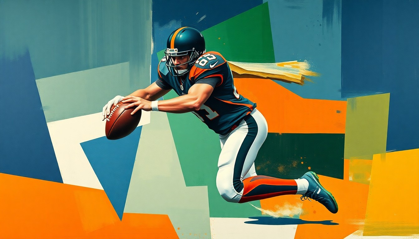 A fractured, geometric painting depicting a football player's pass rushing motion, with sharp planes of navy, green, and orange overlapping to create a dynamic, abstract composition.