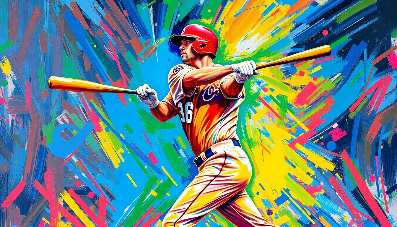An abstract, energetic painting featuring bold brushstrokes and neon colors that capture the dynamic motion of a baseball player swinging a bat, conveying the excitement and potential of a young player's recovery and return to the game.