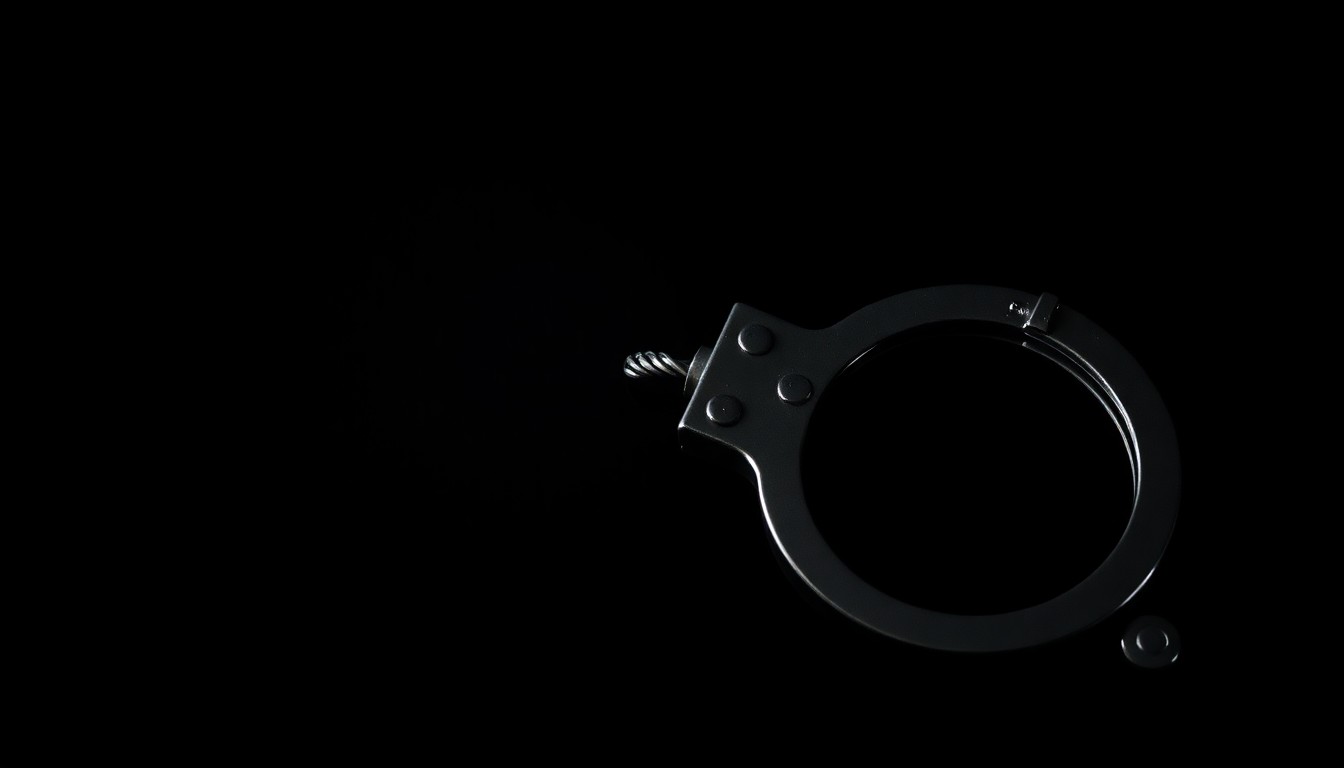 An extreme close-up of a metal handcuff against a stark black background, conceptually representing the harsh conditions and potential mistreatment of detainees at the remote immigration detention center.