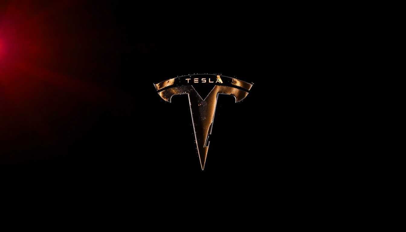 An extreme close-up photograph of a charred and melted Tesla logo against a pitch-black background, conveying the gritty, investigative aesthetic of the crime scene.