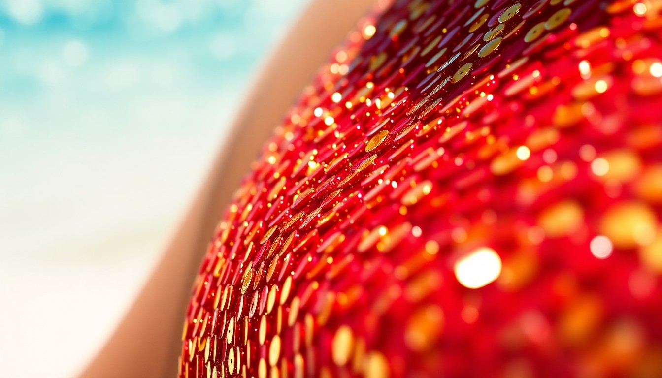 An abstract close-up image of shimmering red and gold sequins, capturing the high-fashion glamour and vibrant energy of the Baywatch franchise.
