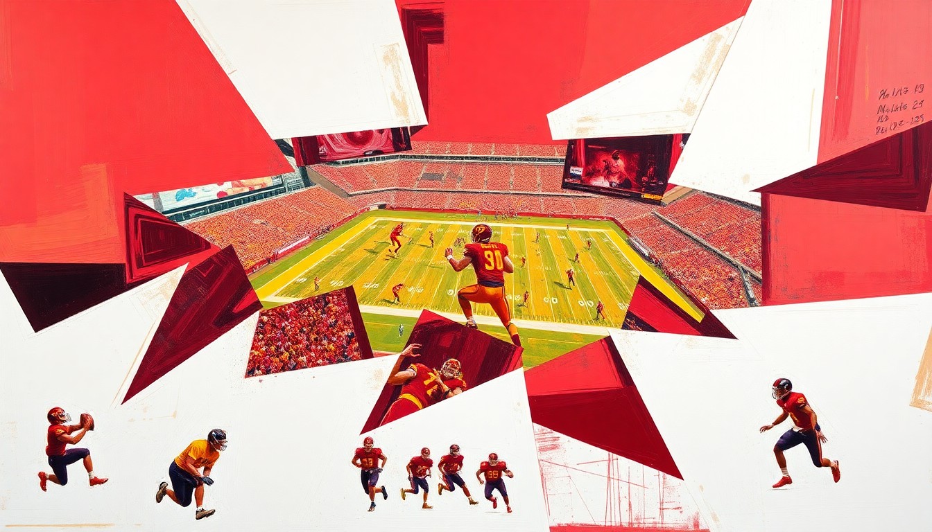 A cubist-style painting featuring overlapping geometric shapes and planes in USC's cardinal and gold colors, capturing the dynamic energy and potential of the Trojans' rising football program.