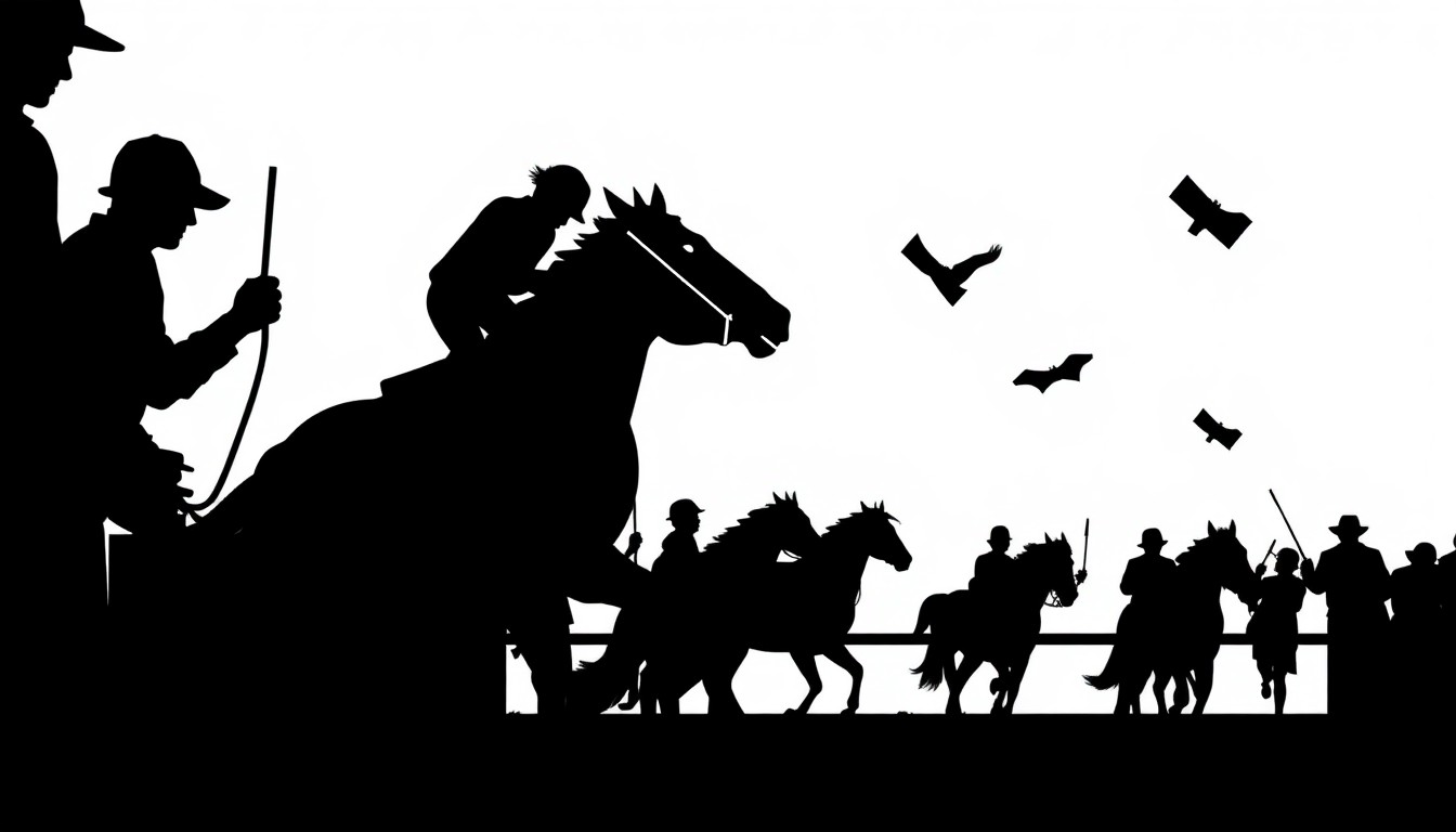 An abstract, minimalist illustration featuring stark, jagged black silhouettes and geometric shapes, conceptually representing the hidden labor and unseen hands that sustain the horse racing industry.