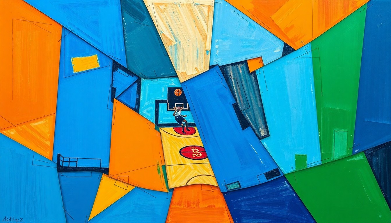 A cubist, geometric painting depicting a basketball game or match, with sharp, overlapping planes of color representing the various movements and perspectives of the players on the court.