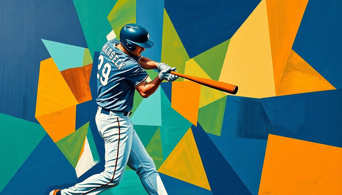 A cubist-style painting depicting a baseball player's swing deconstructed into overlapping geometric shapes in navy, green, and orange, conveying the raw power and energy of a game-winning home run.