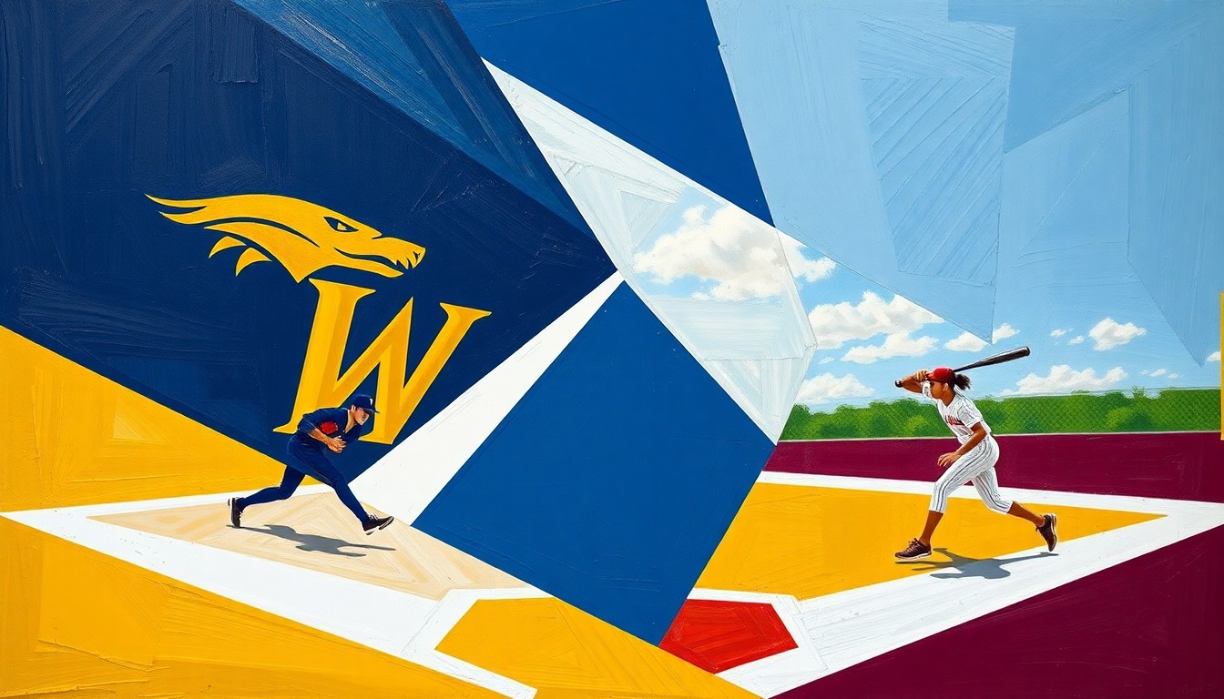 A fractured, cubist-style painting depicting a high school softball game, with sharp geometric shapes and planes in the team colors of Floydada and Clarendon, capturing the dynamic action and energy of the sport.