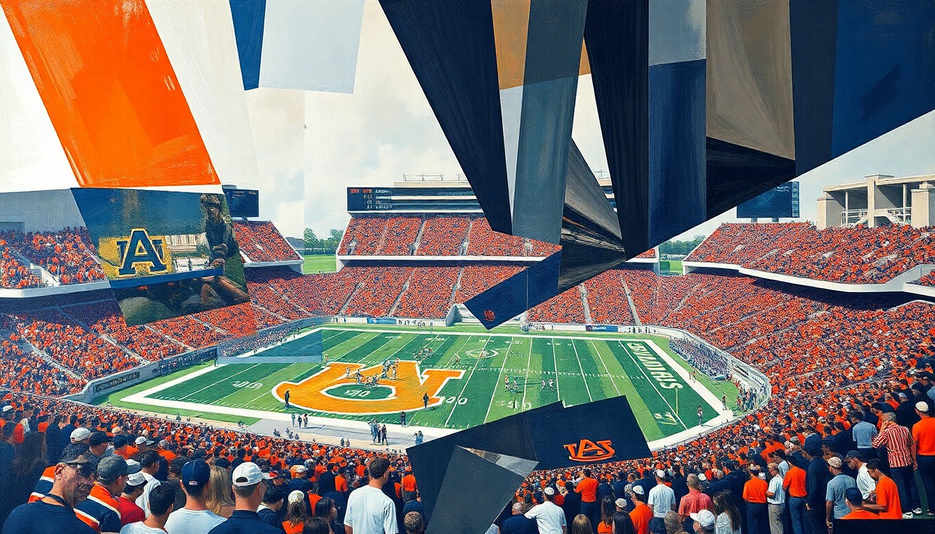 A fractured, geometric painting depicting an Auburn football game, with the iconic Jordan-Hare Stadium in the background and players on the field rendered in a cubist, deconstructed style, capturing the raw energy and intensity of the spring game.