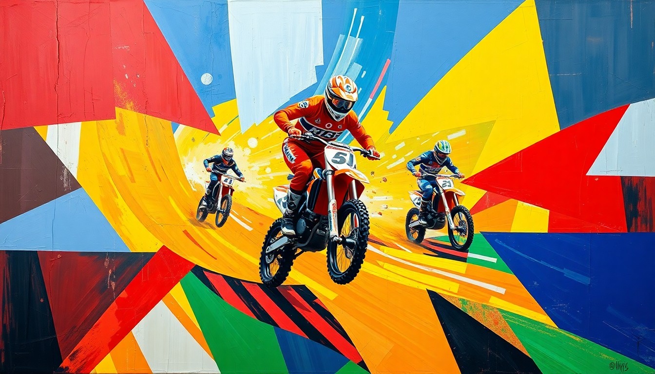 A cubist, geometric painting depicting the chaotic action of a Supercross race, with overlapping planes of color representing the riders and their machines in motion.