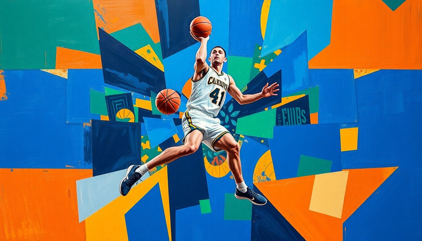 A cubist-style painting depicting a college basketball player in motion, with their body and movements broken down into sharp, overlapping geometric shapes and planes in vibrant colors.