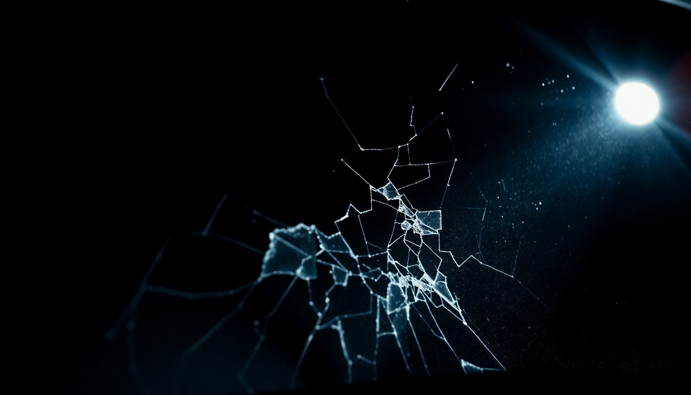 An extreme close-up photograph of a cracked and damaged car windshield, capturing the stark, gritty aftermath of a collision and the need for thorough investigation.
