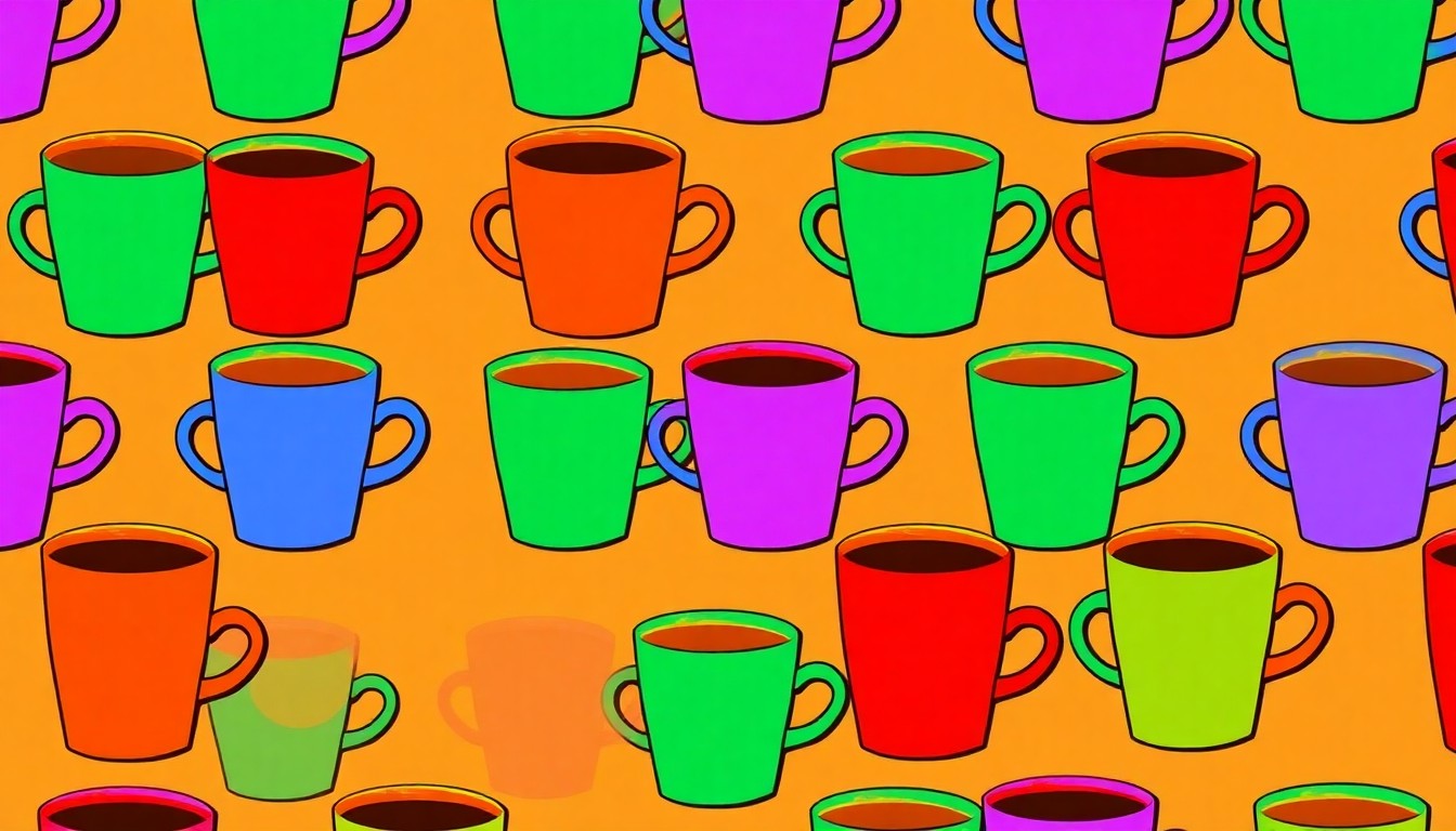 A highly stylized, abstract image composed of repeating silkscreen-style coffee cups in a grid, using a vibrant neon color palette and bold black outlines to create a modern pop art aesthetic that captures the energy and excitement of a new community coffee shop opening.