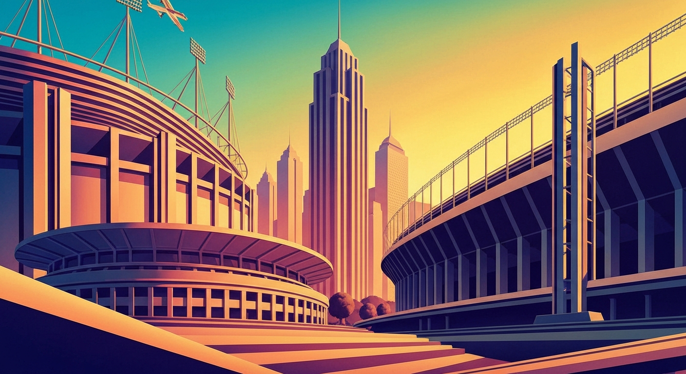 A highly stylized, geometric Art Deco illustration depicting the grand scale of international soccer travel, with sweeping gradients, towering forced perspectives, and sleek, streamlined forms evoking the excitement and logistical challenges of attending the 2026 World Cup.