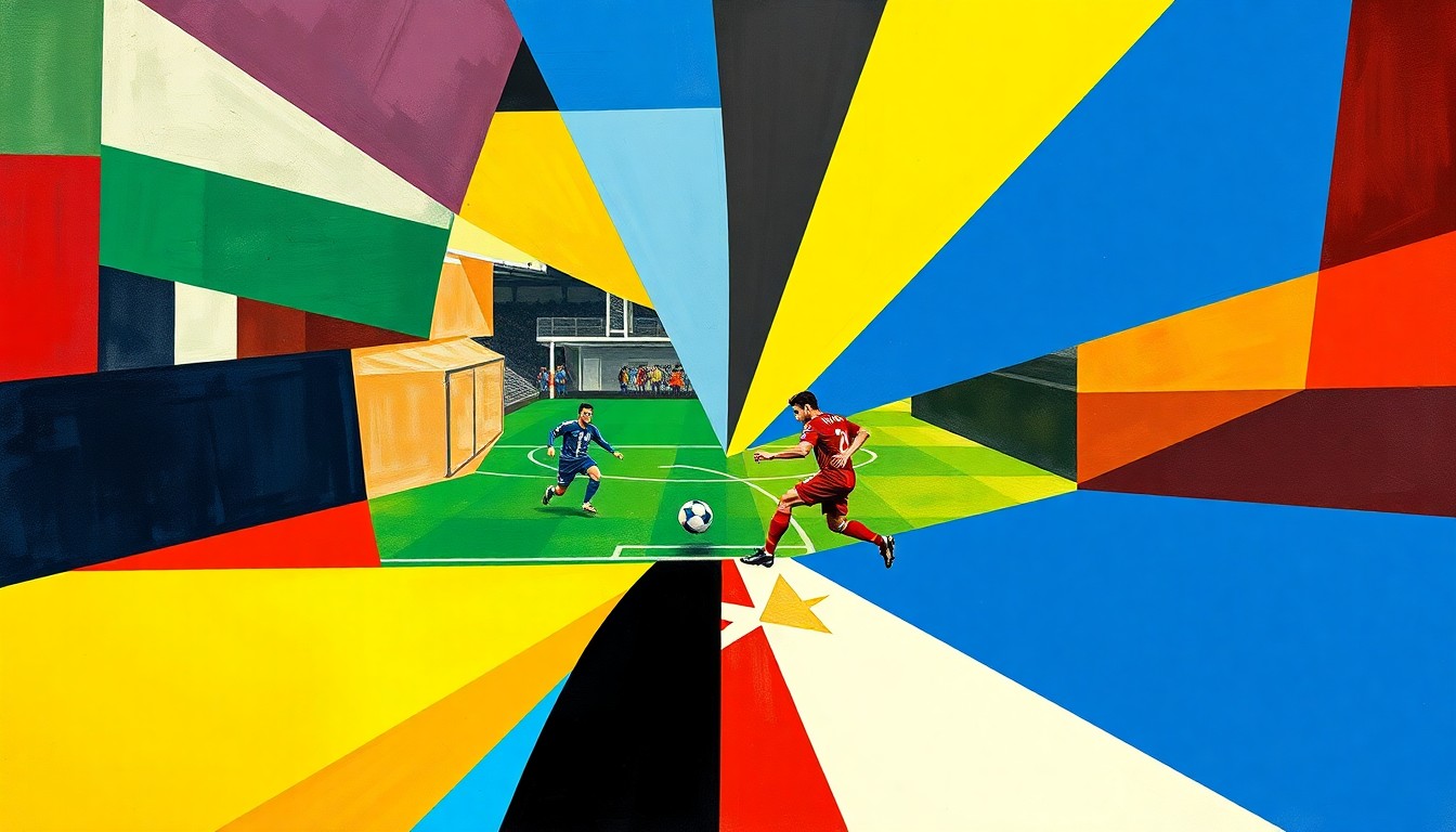 A fragmented, cubist-style painting depicting a soccer match broken down into sharp, overlapping geometric shapes and planes in a vibrant color palette, conceptually representing the legal tensions between a star player and an event promoter.