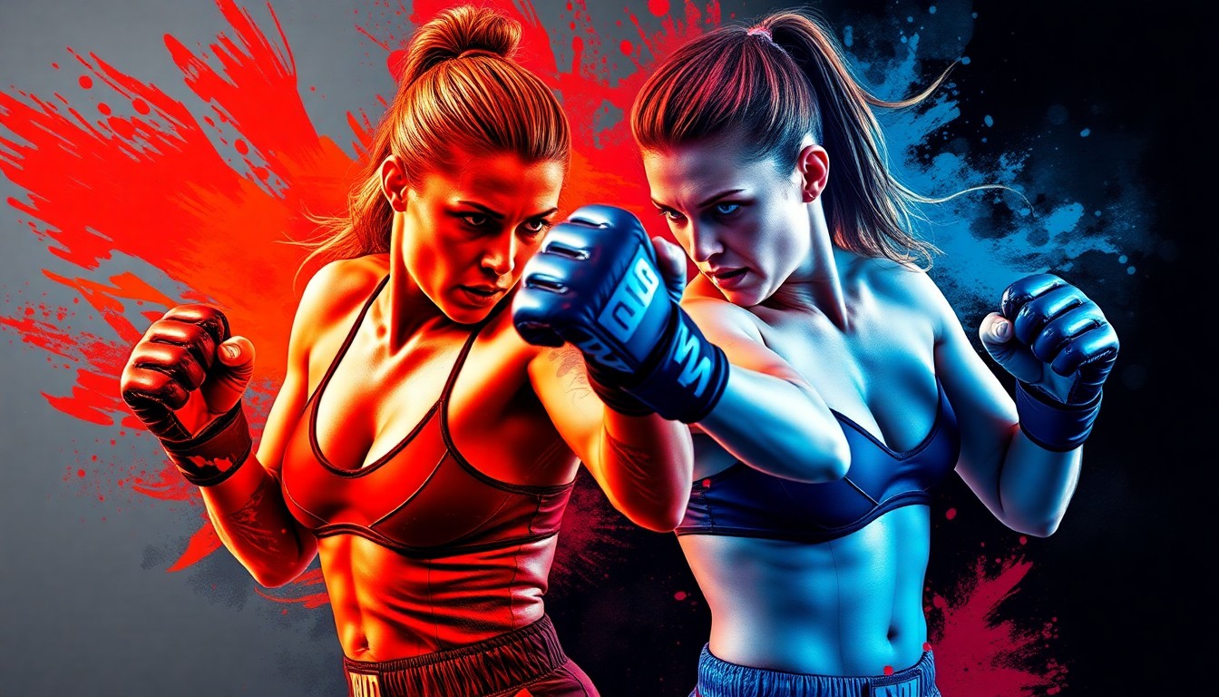 An abstract, expressionist painting depicting two female MMA fighters in a dynamic, explosive combat pose, their faces and bodies dissolving into vibrant neon brushstrokes of red, orange, and electric blue, capturing the raw energy and intensity of their highly anticipated rematch.