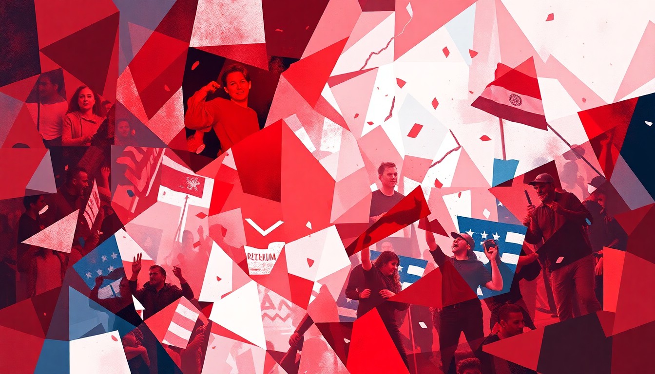 A vibrant, fragmented painting in red, white, and blue hues depicting a chaotic scene of a political protest or riot, conveying the divisive and turbulent nature of the DOJ's actions.