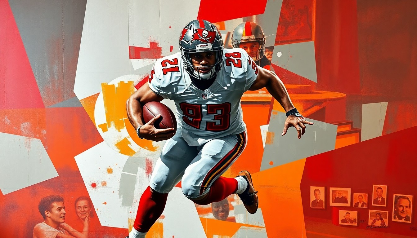 A cubist, geometric painting depicting a Tampa Bay Buccaneers defensive player rushing the quarterback, with sharp, overlapping planes of pewter, red, and orange colors.
